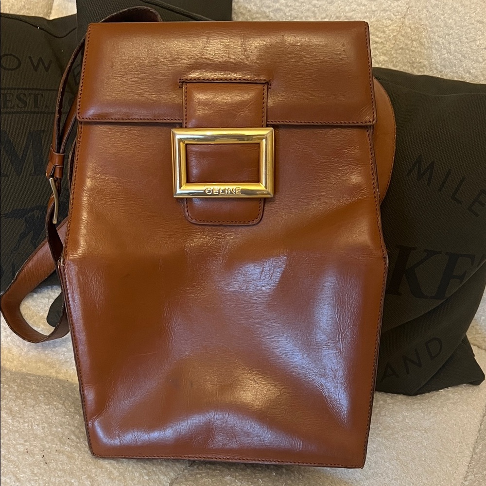 Celine Tan Leather Unisex Bag with Gold Buckle